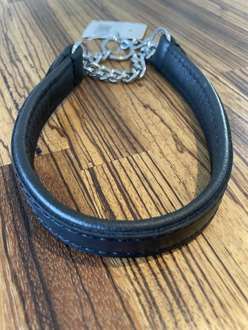 Fladt læderhalsbånd med kæde - 40 cm